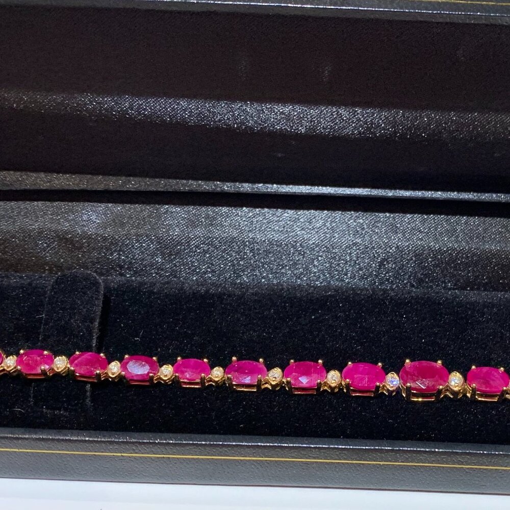 Natural Oval Ruby & Diamond Tennis Bracelet 14K Yellow Gold
